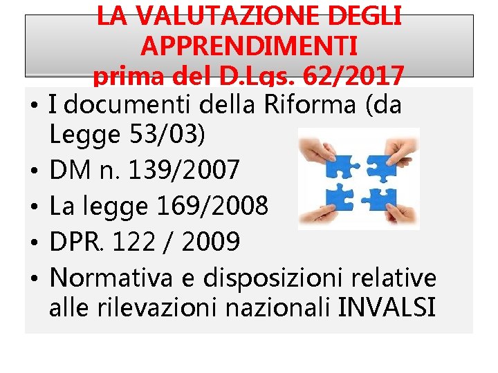  • • • LA VALUTAZIONE DEGLI APPRENDIMENTI prima del D. Lgs. 62/2017 I