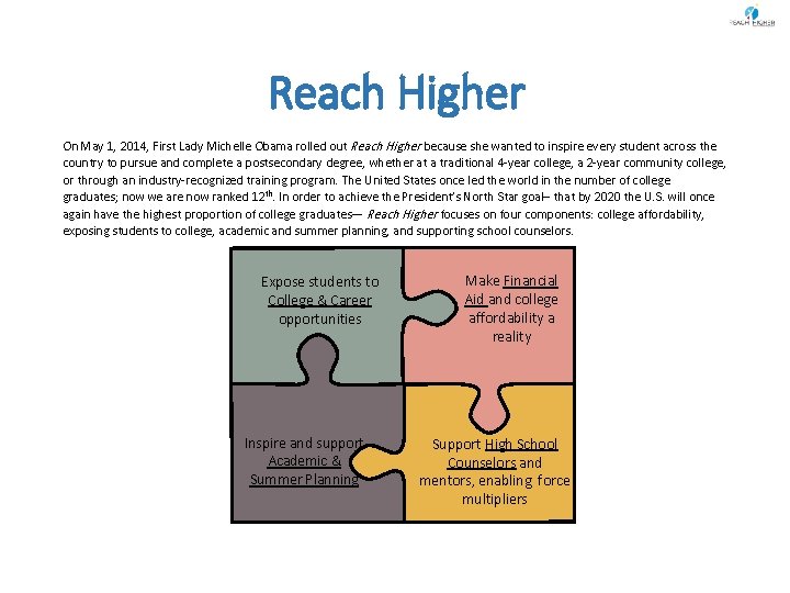 Reach Higher On May 1, 2014, First Lady Michelle Obama rolled out Reach Higher