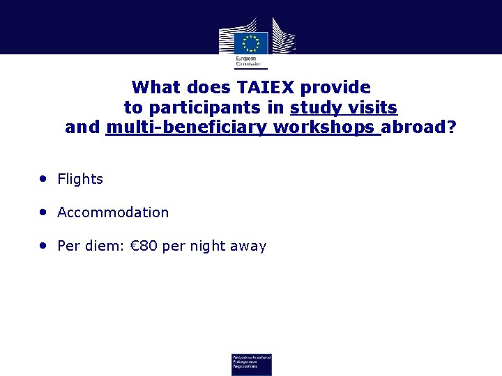 What does TAIEX provide to participants in study visits and multi-beneficiary workshops abroad? •