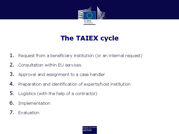 The TAIEX cycle 1. Request from a beneficiary institution (or an internal request) 2.