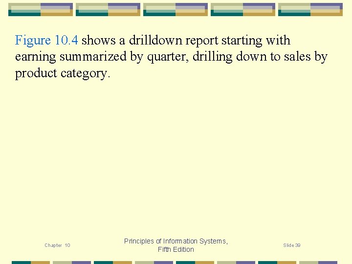 Figure 10. 4 shows a drilldown report starting with earning summarized by quarter, drilling