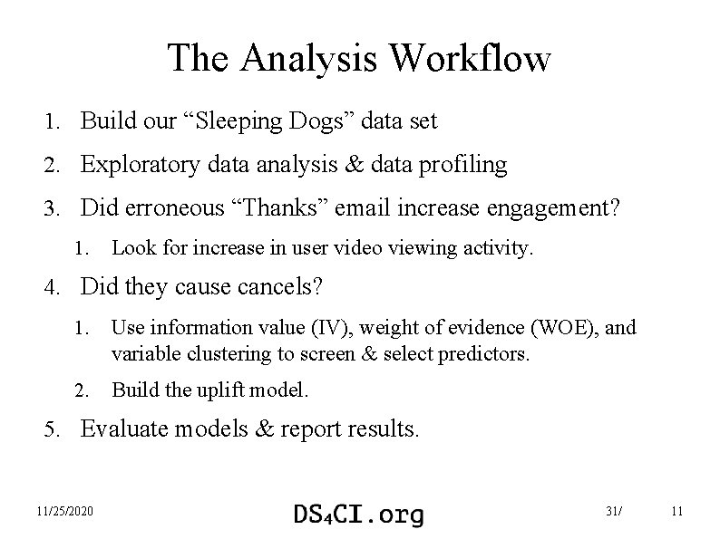 The Analysis Workflow 1. Build our “Sleeping Dogs” data set 2. Exploratory data analysis