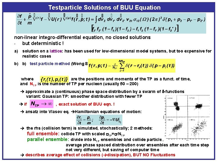 Testparticle Solutions of BUU Equation non-linear integro-differential equation, no closed solutions - but deterministic