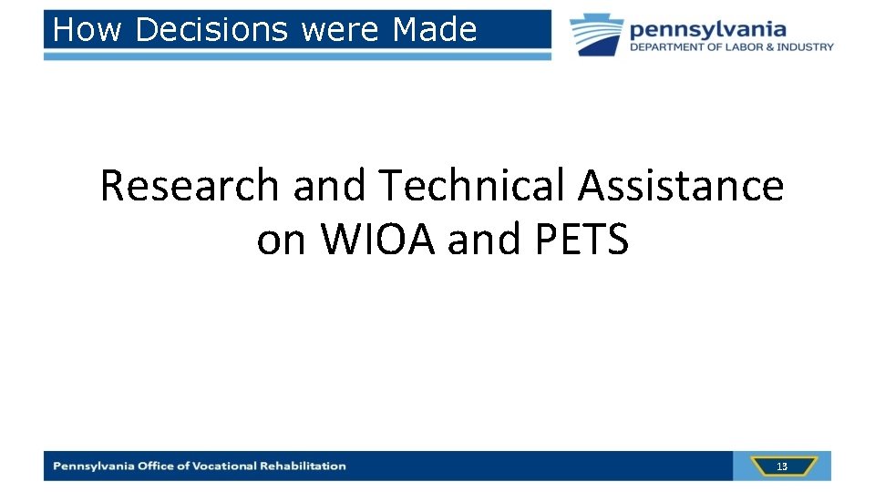 How Decisions were Made Research and Technical Assistance on WIOA and PETS 13 