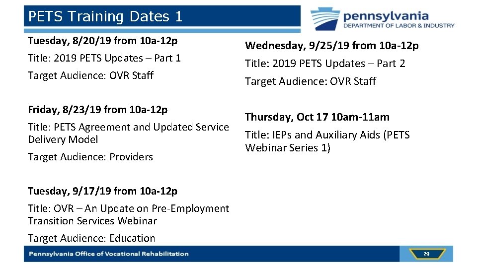 PETS Training Dates 1 Tuesday, 8/20/19 from 10 a-12 p Title: 2019 PETS Updates