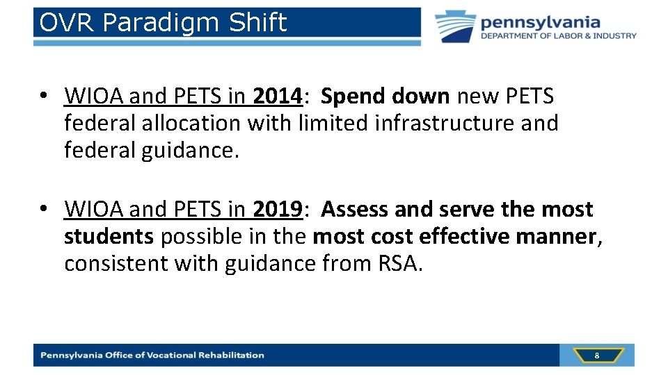 OVR Paradigm Shift • WIOA and PETS in 2014: Spend down new PETS federal