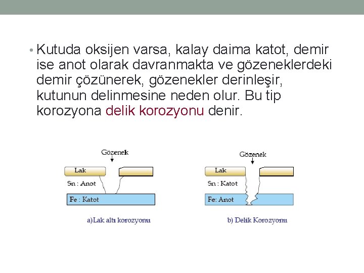 • Kutuda oksijen varsa, kalay daima katot, demir ise anot olarak davranmakta ve • Kutuda oksijen varsa, kalay daima katot, demir ise anot olarak davranmakta ve