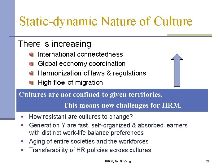 Static-dynamic Nature of Culture There is increasing International connectedness Global economy coordination Harmonization of