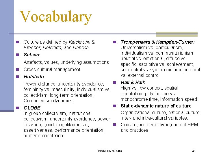 Vocabulary n Culture as defined by Kluckhohn & Kroeber, Hofstede, and Hansen n Schein: