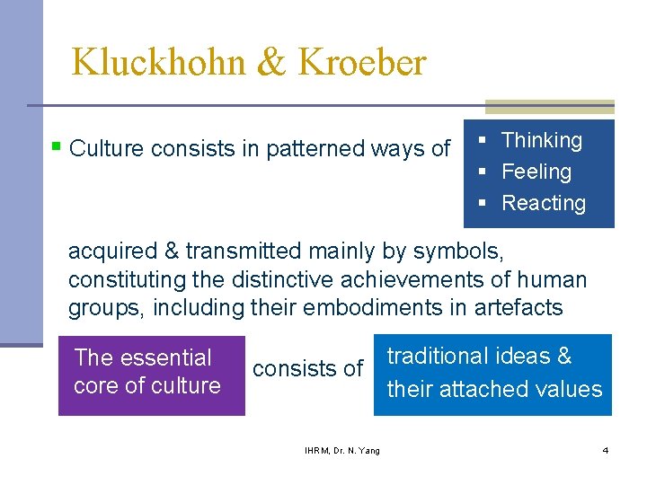 Kluckhohn & Kroeber § Culture consists in patterned ways of § Thinking § Feeling