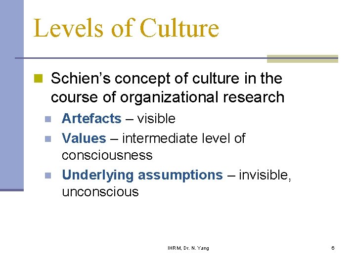 Levels of Culture n Schien’s concept of culture in the course of organizational research