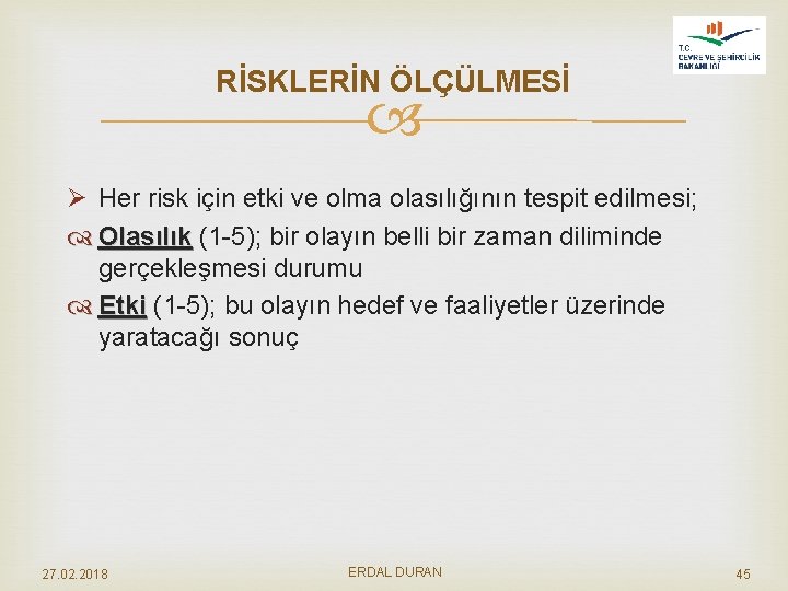 RİSKLERİN ÖLÇÜLMESİ Ø Her risk için etki ve olma olasılığının tespit edilmesi; Olasılık (1