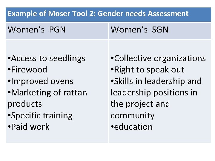 Example of Moser Tool 2: Gender needs Assessment Women’s PGN Women’s SGN • Access Example of Moser Tool 2: Gender needs Assessment Women’s PGN Women’s SGN • Access