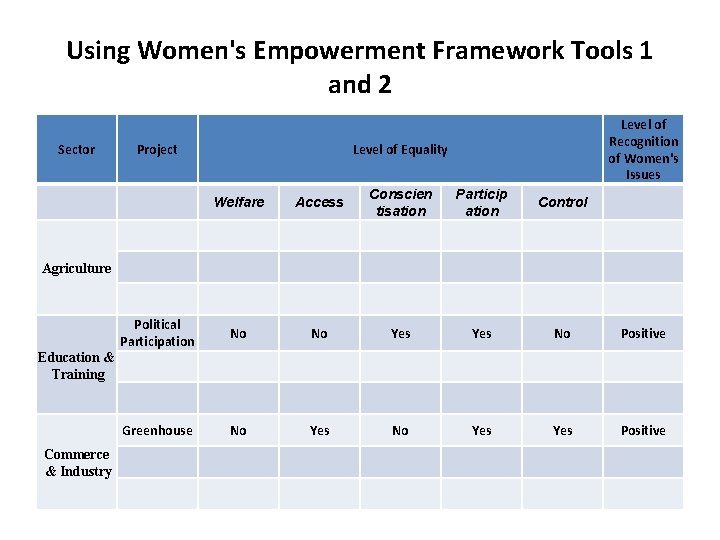 Using Women's Empowerment Framework Tools 1 and 2 Level of Recognition of Women's Issues Using Women's Empowerment Framework Tools 1 and 2 Level of Recognition of Women's Issues
