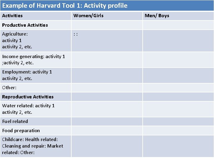 Example of Harvard Tool 1: Activity profile Activities Women/Girls Productive Activities Agriculture: activity 1 Example of Harvard Tool 1: Activity profile Activities Women/Girls Productive Activities Agriculture: activity 1