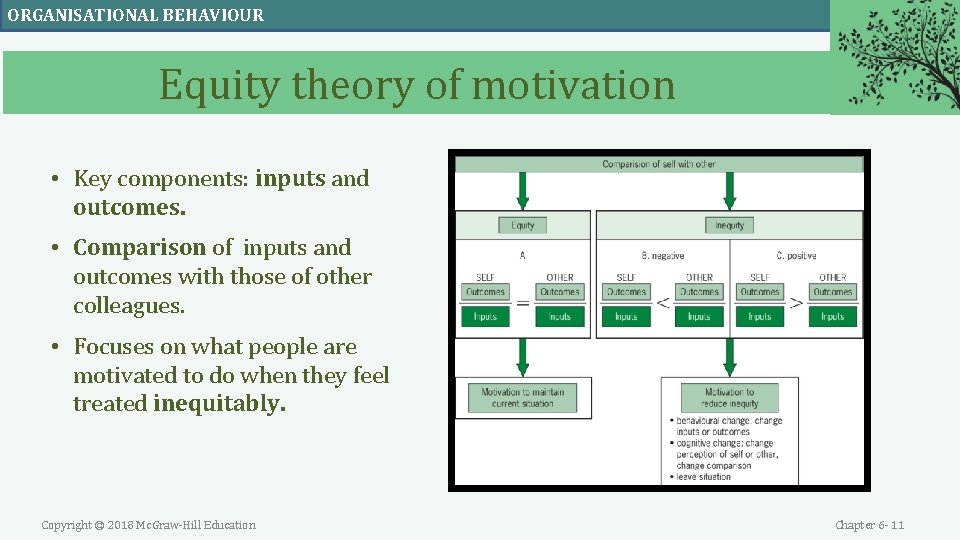 ORGANISATIONAL BEHAVIOUR Equity theory of motivation • Key components: inputs and outcomes. • Comparison