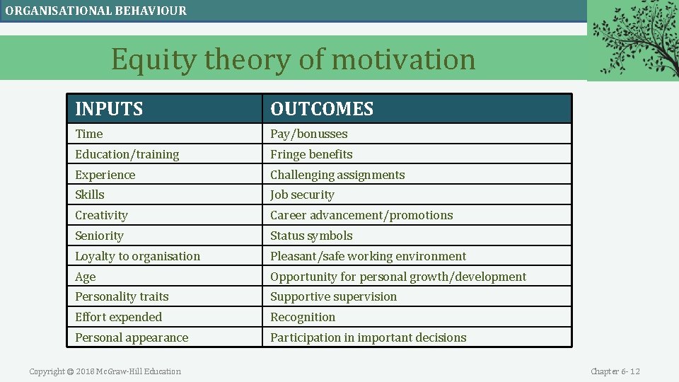 ORGANISATIONAL BEHAVIOUR Equity theory of motivation INPUTS OUTCOMES Time Pay/bonusses Education/training Fringe benefits Experience