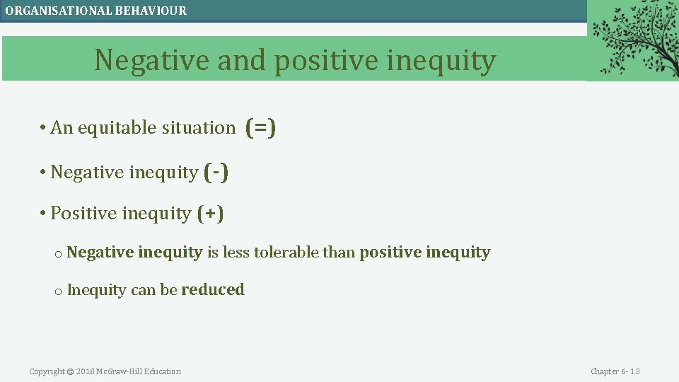 ORGANISATIONAL BEHAVIOUR Negative and positive inequity • An equitable situation (=) • Negative inequity