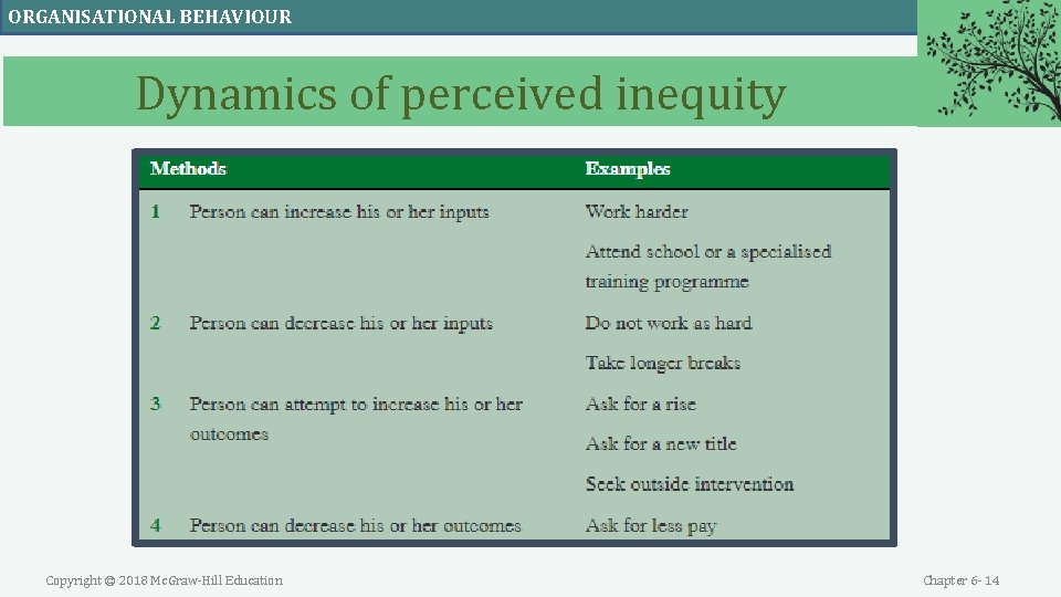 ORGANISATIONAL BEHAVIOUR Dynamics of perceived inequity Copyright © 2018 Mc. Graw-Hill Education Chapter 6