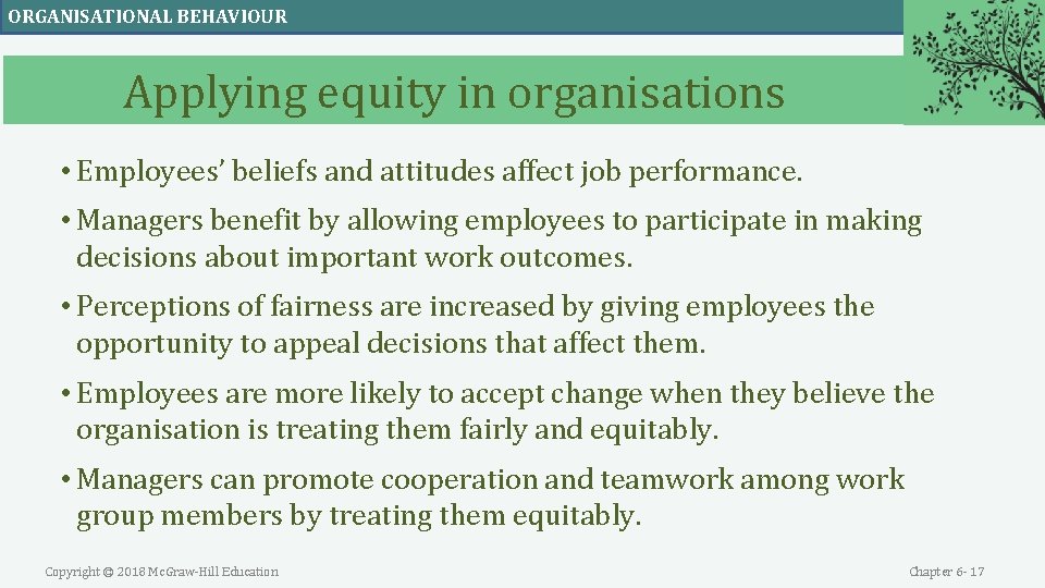 ORGANISATIONAL BEHAVIOUR Applying equity in organisations • Employees’ beliefs and attitudes affect job performance.