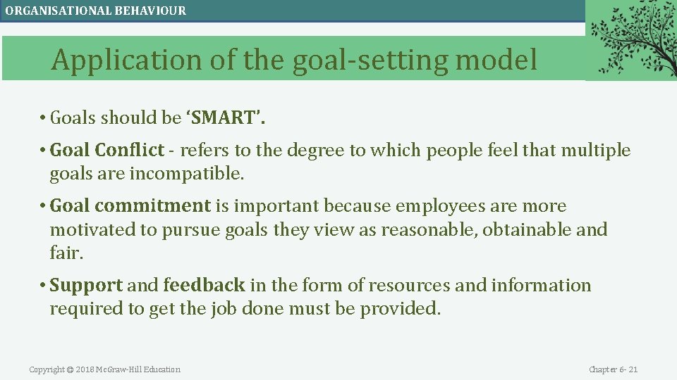 ORGANISATIONAL BEHAVIOUR Application of the goal-setting model • Goals should be ‘SMART’. • Goal