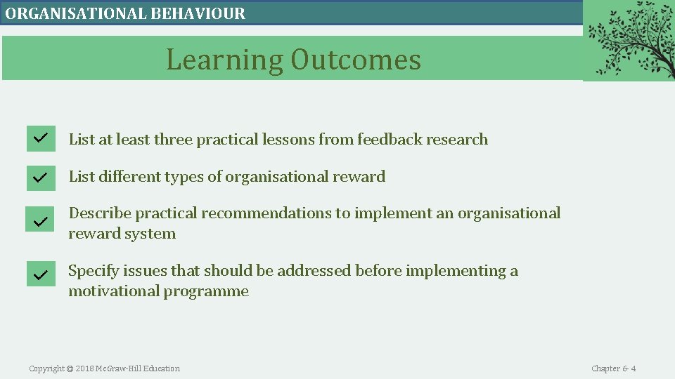 ORGANISATIONAL BEHAVIOUR Learning Outcomes List at least three practical lessons from feedback research List