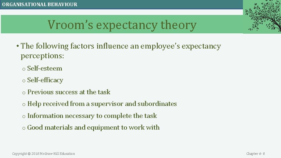 ORGANISATIONAL BEHAVIOUR Vroom’s expectancy theory • The following factors influence an employee’s expectancy perceptions: