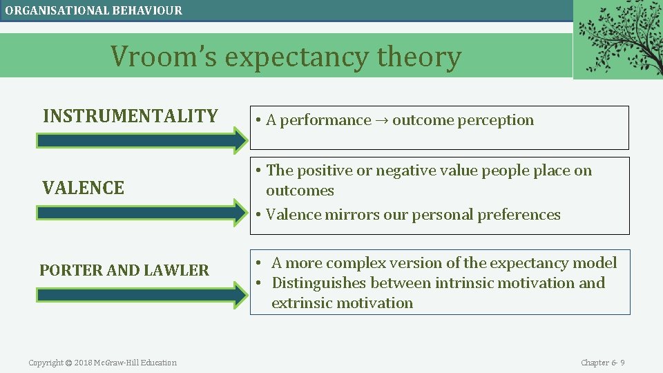 ORGANISATIONAL BEHAVIOUR Vroom’s expectancy theory INSTRUMENTALITY • A performance → outcome perception VALENCE •