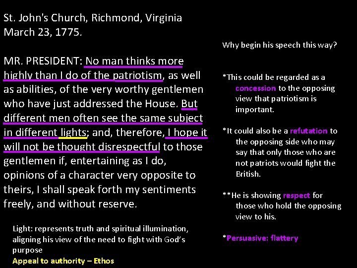 St. John's Church, Richmond, Virginia March 23, 1775. Why begin his speech this way? St. John's Church, Richmond, Virginia March 23, 1775. Why begin his speech this way?