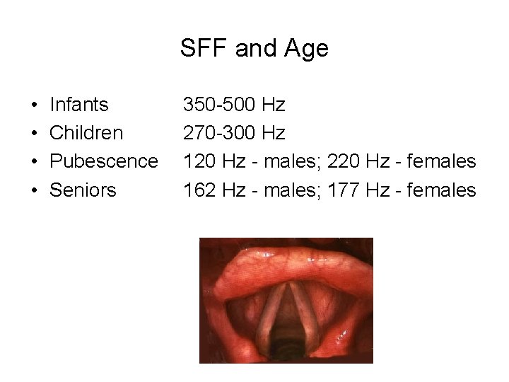 SFF and Age • • Infants Children Pubescence Seniors 350 -500 Hz 270 -300 SFF and Age • • Infants Children Pubescence Seniors 350 -500 Hz 270 -300