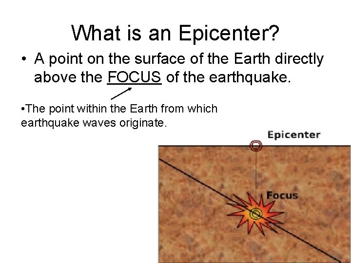 What is an Epicenter? • A point on the surface of the Earth directly