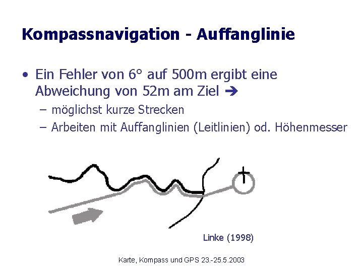 Kompassnavigation - Auffanglinie • Ein Fehler von 6° auf 500 m ergibt eine Abweichung