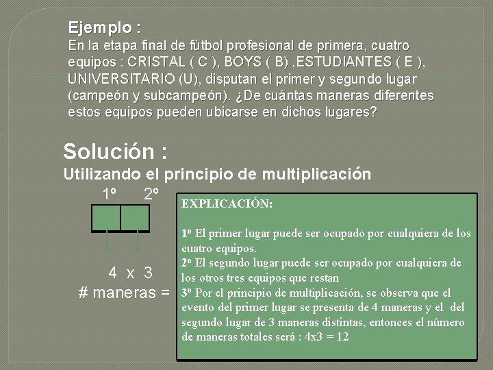 Ejemplo : En la etapa final de fútbol profesional de primera, cuatro equipos :