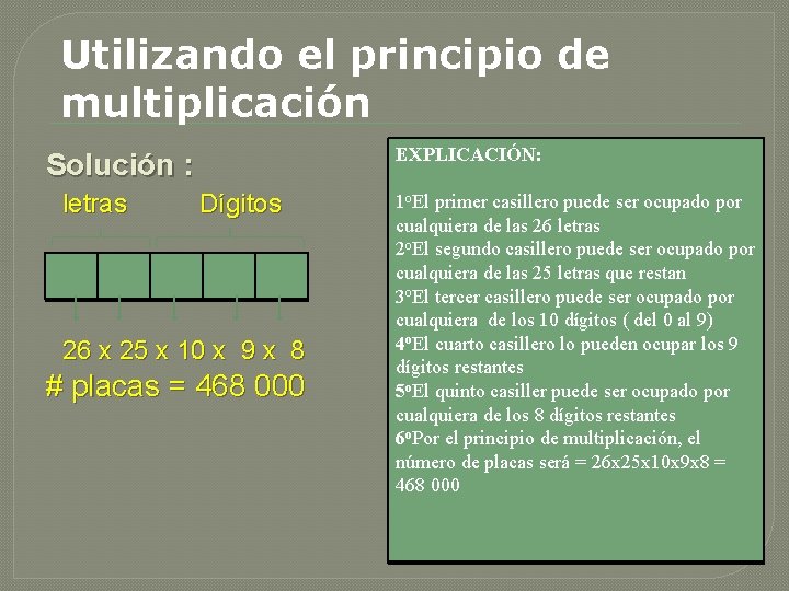 Utilizando el principio de multiplicación Solución : letras Dígitos 26 x 25 x 10