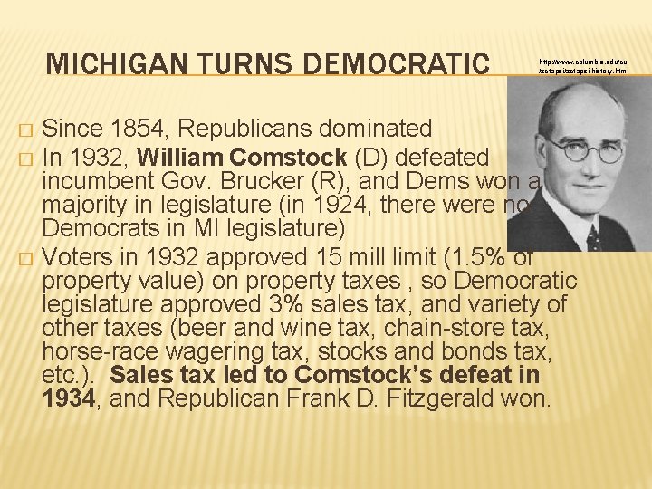 MICHIGAN TURNS DEMOCRATIC http: //www. columbia. edu/cu /zetapsi-history. htm Since 1854, Republicans dominated �