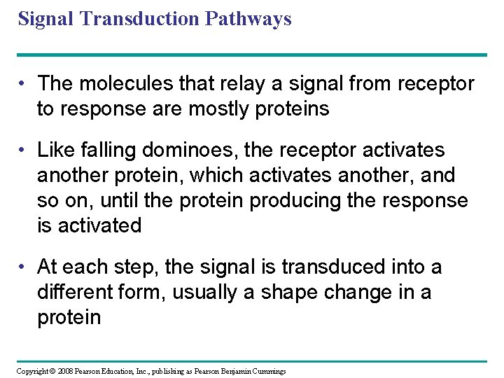 Signal Transduction Pathways • The molecules that relay a signal from receptor to response