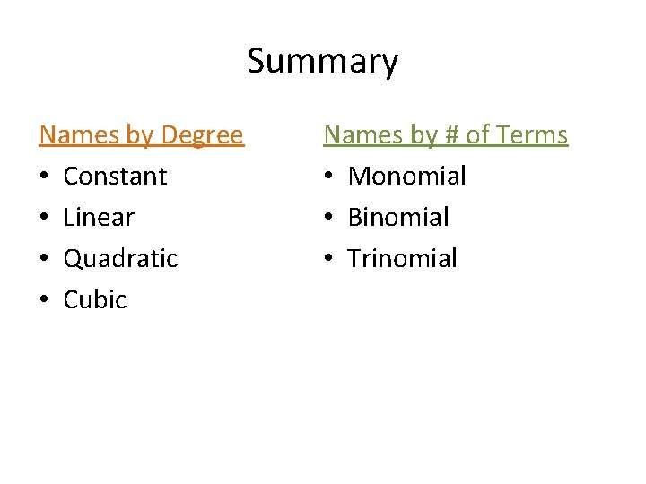 Summary Names by Degree • Constant • Linear • Quadratic • Cubic Names by