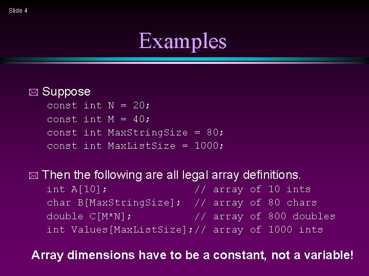 Slide 4 Examples * Suppose const * int int N = 20; M =