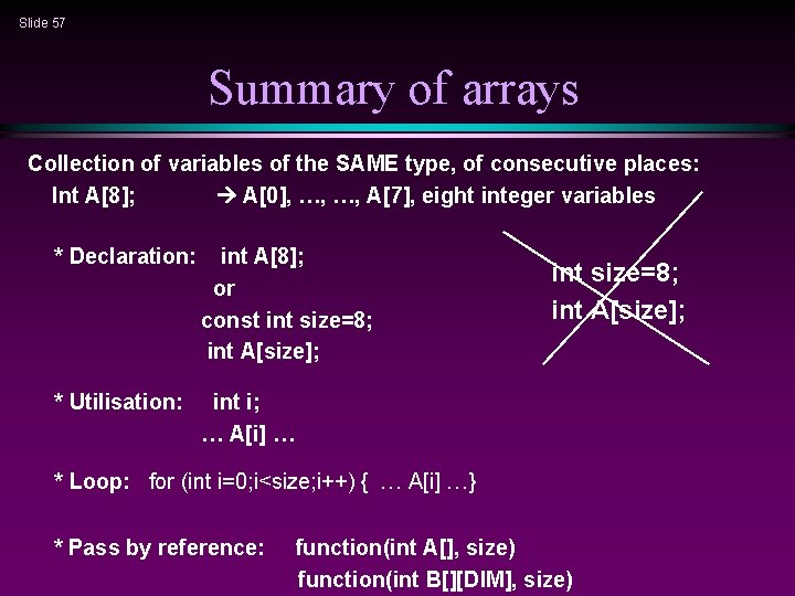 Slide 57 Summary of arrays Collection of variables of the SAME type, of consecutive