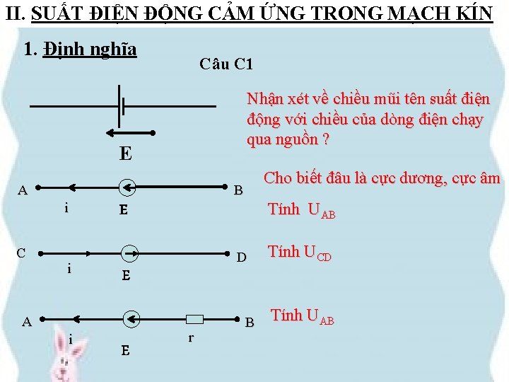 II. SUẤT ĐIỆN ĐỘNG CẢM ỨNG TRONG MẠCH KÍN 1. Định nghĩa Câu C