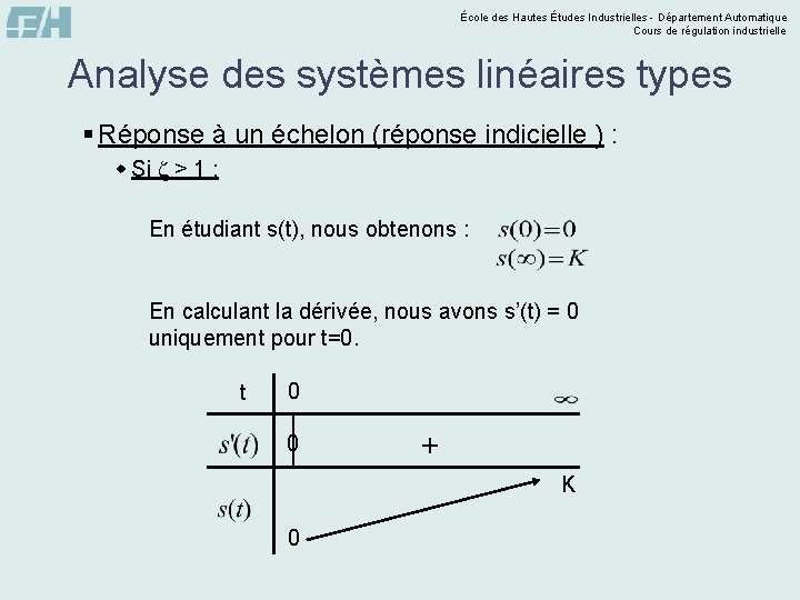 École des Hautes Études Industrielles - Département Automatique Cours de régulation industrielle Analyse des