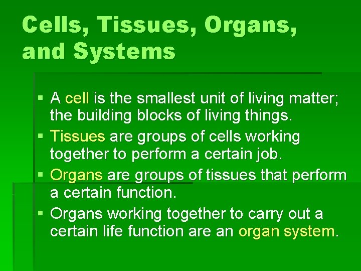 Cells, Tissues, Organs, and Systems § A cell is the smallest unit of living