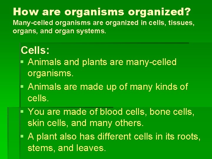 How are organisms organized? Many-celled organisms are organized in cells, tissues, organs, and organ