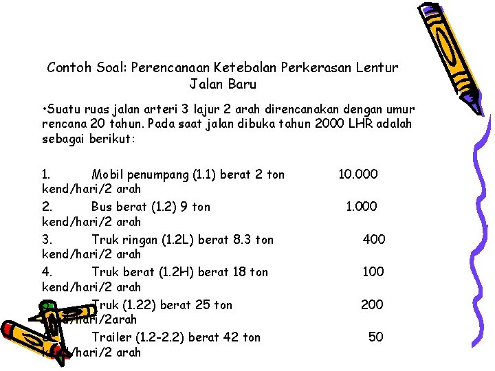Contoh Soal: Perencanaan Ketebalan Perkerasan Lentur Jalan Baru • Suatu ruas jalan arteri 3