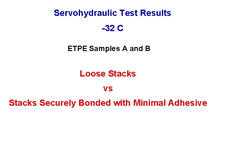 Servohydraulic Test Results -32 C ETPE Samples A and B Loose Stacks vs Stacks Servohydraulic Test Results -32 C ETPE Samples A and B Loose Stacks vs Stacks