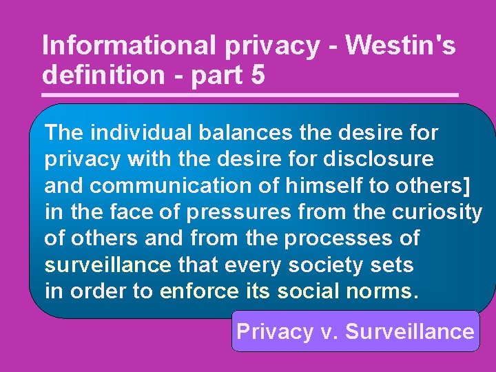 Informational privacy - Westin's definition - part 5 The individual balances the desire for