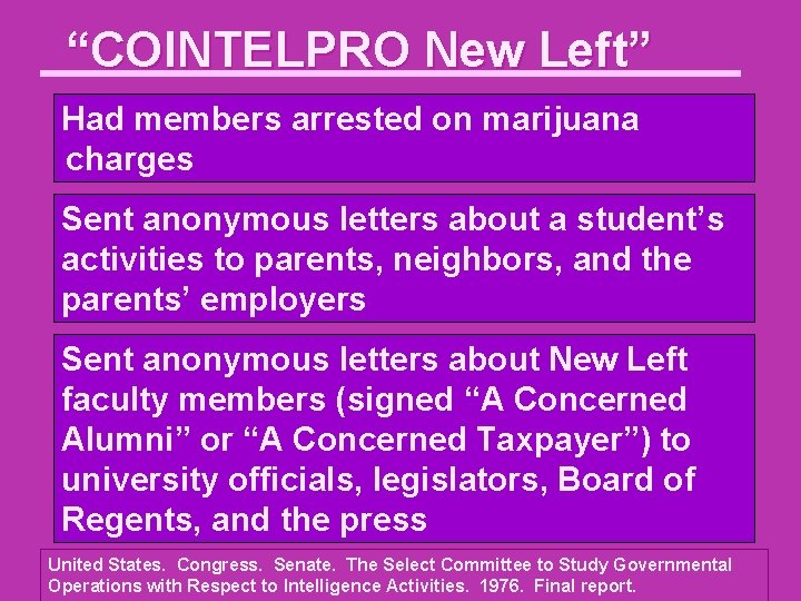 “COINTELPRO New Left” Had members arrested on marijuana charges Sent anonymous letters about a