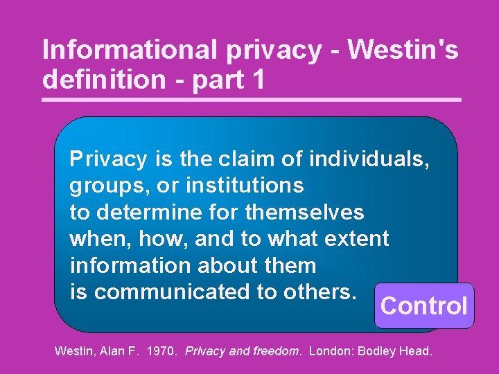 Informational privacy - Westin's definition - part 1 Privacy is the claim of individuals,