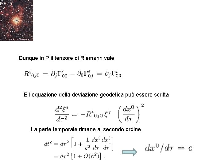 Dunque in P il tensore di Riemann vale E l’equazione della deviazione geodetica può