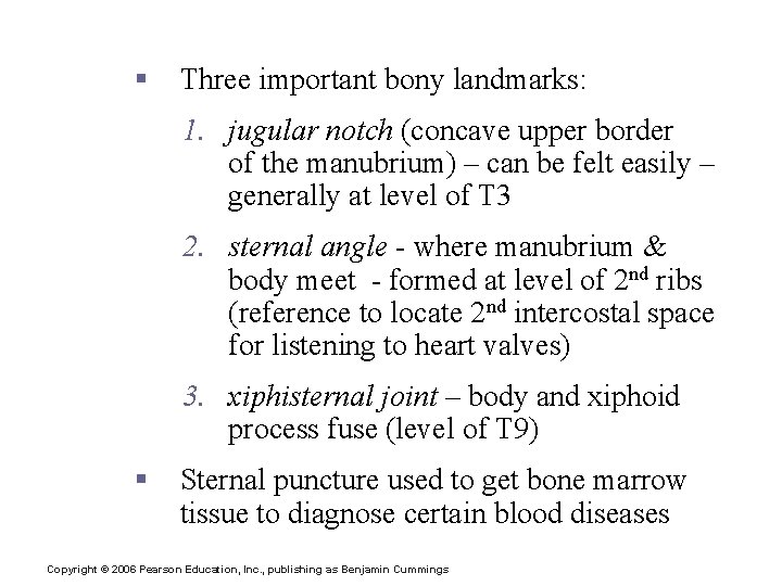 Sternum § Three important bony landmarks: 1. jugular notch (concave upper border of the